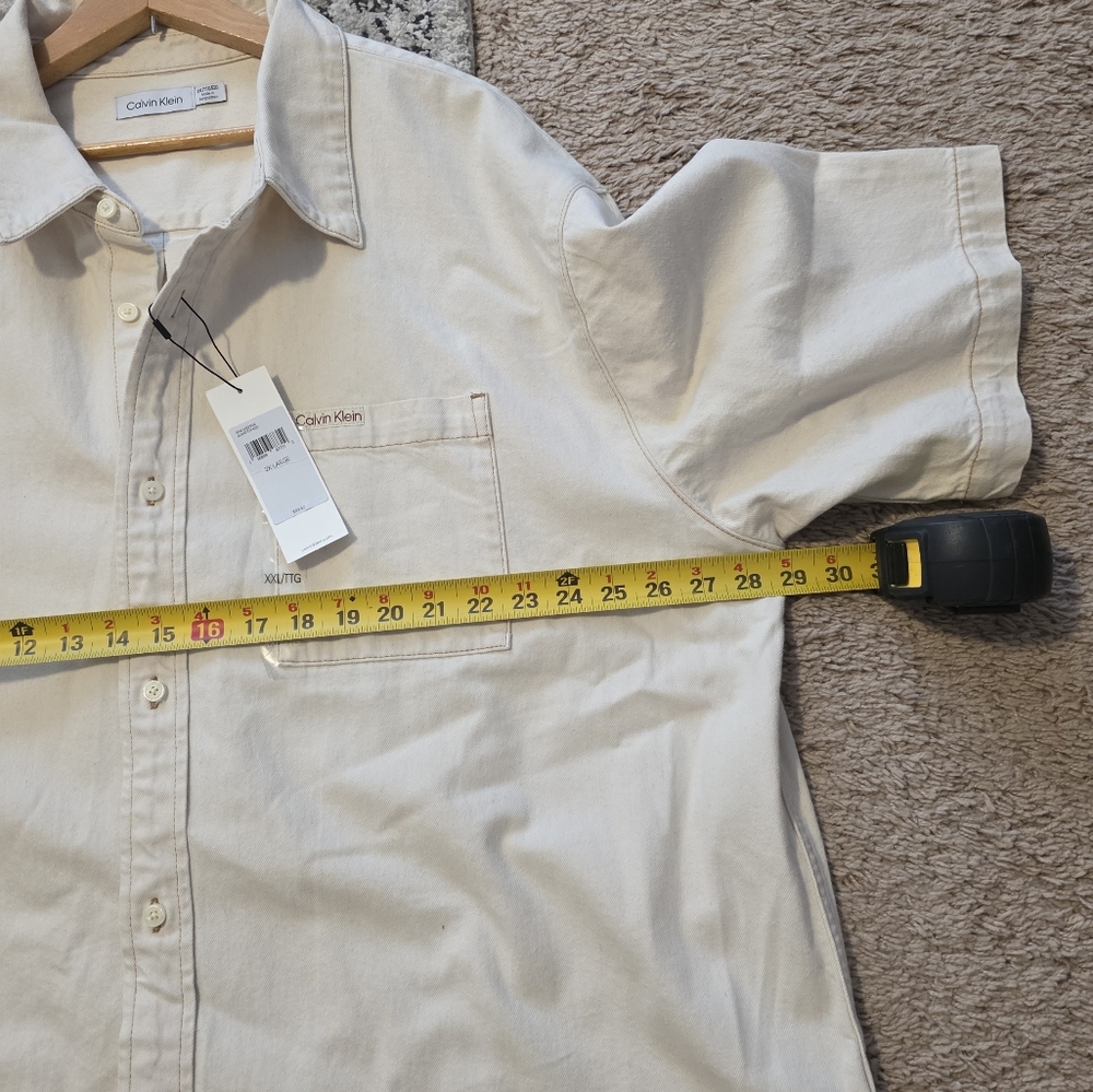 Calvin Klein Button Up Camp Shirt Collared Shortsleeve Mens XXL Cream Cotton - Picture 6 of 7